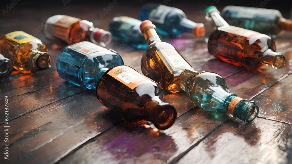 Empty alcohol bottles on the ground: A sobering reality. Generative AI. - obrazy, fototapety, plakaty 