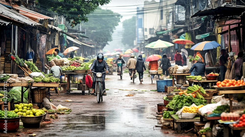 outdoor market in Vietnam on a rainy day - obrazy, fototapety, plakaty 