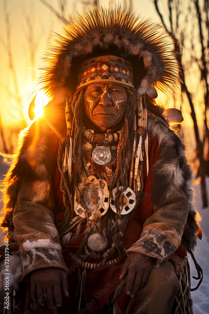 siberian shaman in golden hour