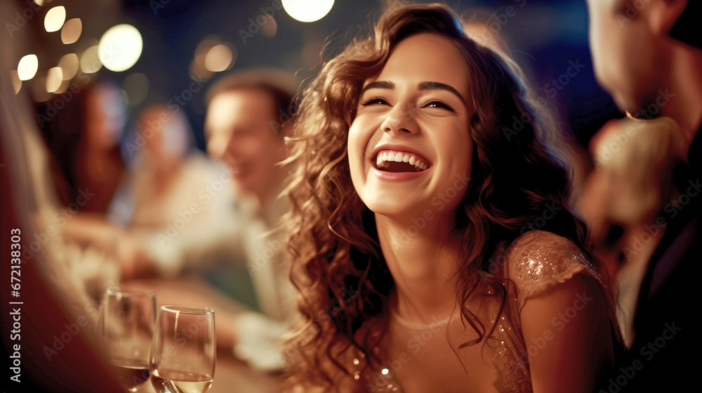 LAUGHING HAPPY WOMAN IN RESTAURANT AT PARTY. legal AI