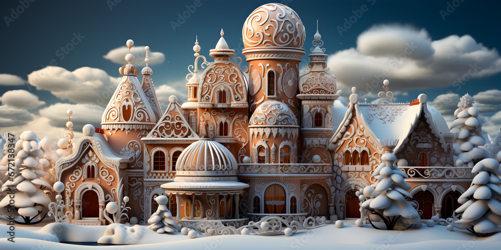 Winter Wonderland: Gingerbread House in Snow. Magical Christmas Gingerbread House Amidst Snowy Scenery