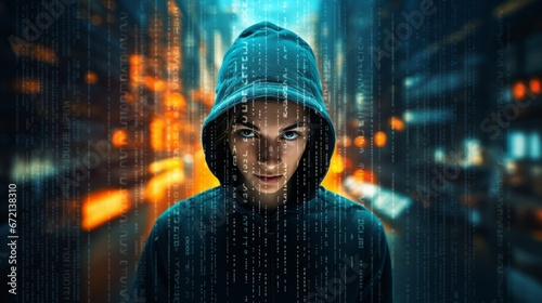 Hacking malware and data security concept. Hacker using laptop with binary code digital interface. Double exposure