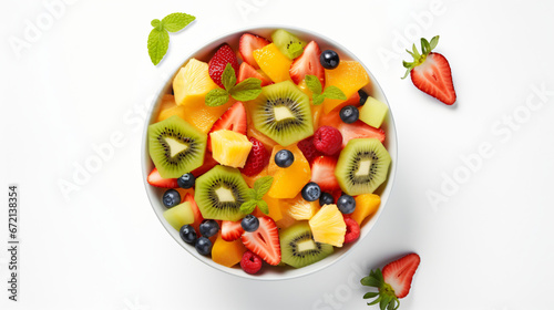 Top view of fruit salad in a bowl on a white background