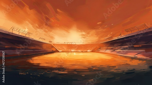 Football ground at sunset with warm colors and a sense of nostalgia, artistic depiction capturing the beauty of the sport and the venue © SaroStock