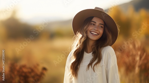 A young lady in a white coat and cap grins in an harvest time park.portrait of a lady in brilliant harvest time. photo