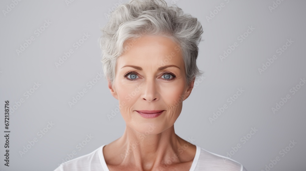 beautiful mid age 50s elderly senior model woman with grey hair smiling close up portrait, healthy skincare cosmetics beauty concept