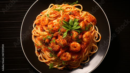 Top view of spicy shrimp spaghetti in tomato sauce