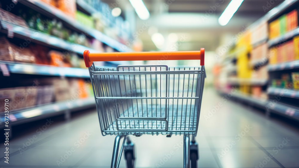Supermarket aisle with empty red shopping cart.
Supermarket aisle with empty red shopping cart.