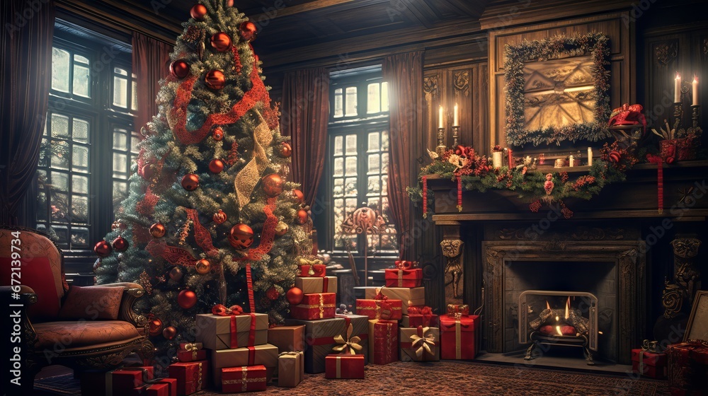 Christmas celebration: illuminated tree, festive decorations, and wrapped gifts creating a warm holiday atmosphere