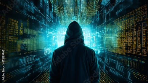 Hacking malware and data security concept. Hacker with not identifiable face with binary code digital interface. Double exposure