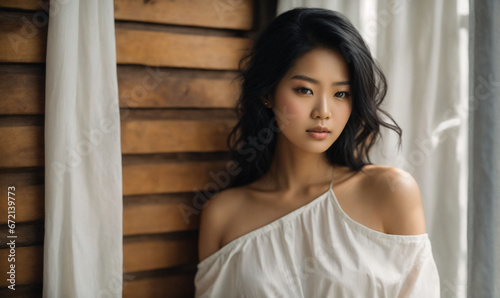 Young beautiful asian woman with black hair wearing black pants and white body leaning on wooden wall with white fabric curtain