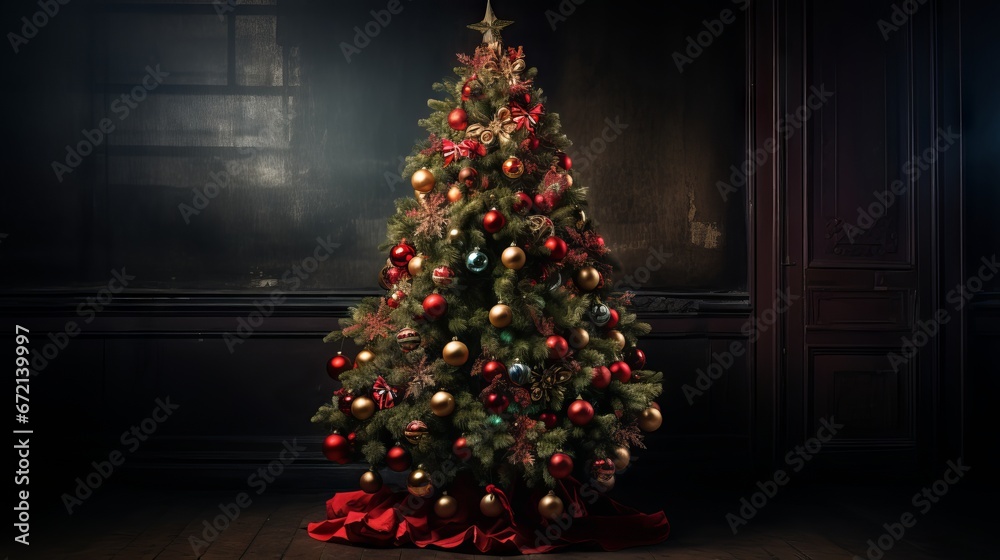 Festive Christmas tree decorated with colorful baubles and sparkling lights in a cozy living room