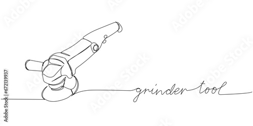 grinder tool, polishing machine one line art. Continuous line drawing of repair, professional, hand, people, concept, support, maintenance with inscription, lettering, handwritten.