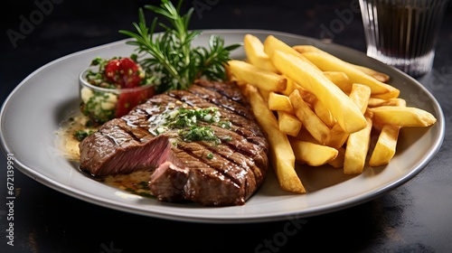 Delicate and delicious veal steak medium uncommon with french fries