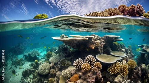 Coral reefs underneath the surface of an island