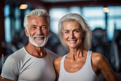 senior woman man exercise gym fitness couple sport healthy elderly health training active happy portrait old fit mature female adult workout body vitality
