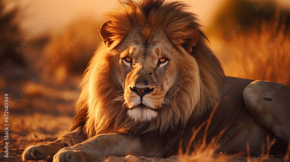 Closeup shot of a lion laying on a dry lush field