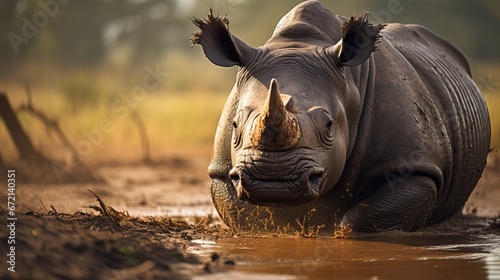 Closeup shot of a rhino in a timberland amid the day