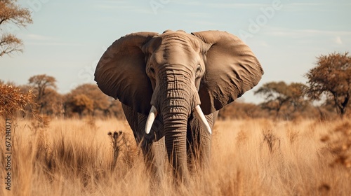 Closeup shot of a charming elephant strolling on the dry grass within the wild