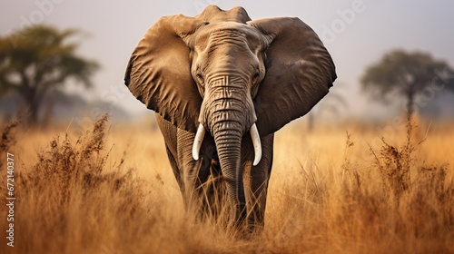 Closeup shot of a charming elephant strolling on the dry grass within the wild