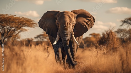 Closeup shot of a charming elephant strolling on the dry grass within the wild © Akbar