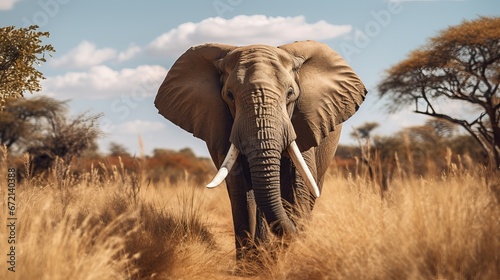 Closeup shot of a charming elephant strolling on the dry grass within the wild