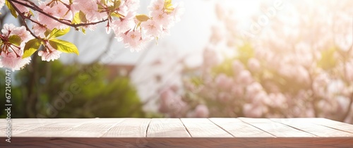 Sakura splendor with empty wooden table. Capturing ethereal beauty of spring blossoms in japan. Cherry blossom elegance. Exploring delicate flora of in japanese gardens