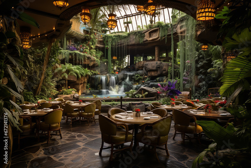 Venture into a unique rainforest-themed dining space, surrounded by the echoing sounds of waterfalls all enveloped by lush greenery.