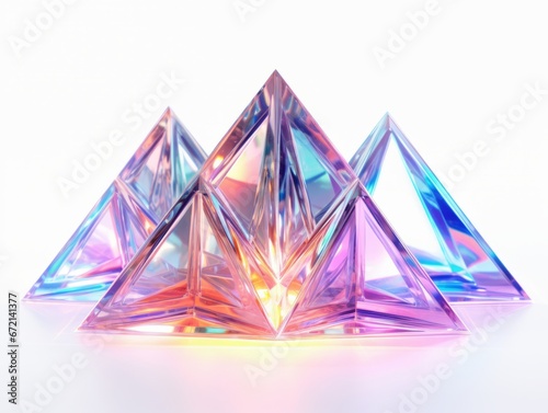 Crystal neon foil holographic triangles, geometric and polygonal shapes on white background