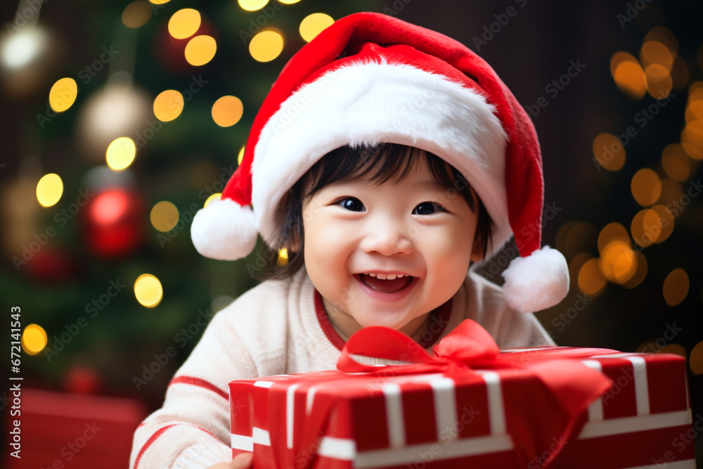 Asian American toddler little happy girl in Christmas Santa hat holding present box looking at camera on isolated red background. Celebrating happy Christmas Xmas New Year Eve December holiday concept