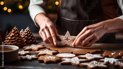 Female Hands Cutting Star Gingerbread Treats from the Rolled Batter, duplicate space for your content