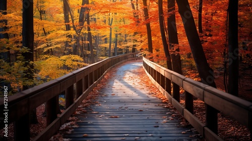 Excellent wooden pathway going the breathtaking colorful trees in a woodland