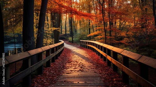 Excellent wooden pathway going the breathtaking colorful trees in a woodland