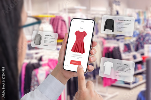 Clothes shop through a smartphone app with balloons arround suggesting clothing recommendations