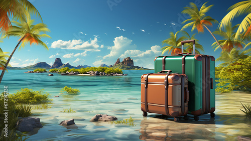 Traveler suitcases in the sea. 3D render illustration.