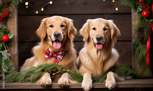Two golden retriever dogs with Christmas decorations