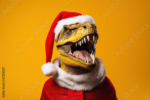 Dinosaur predator with open mouth wearing red Christmas hat and smiling. Bright yellow studio background. Xmas New Year event celebration concept. Close-up portrait of an anatomical skeleton head © Valeriia