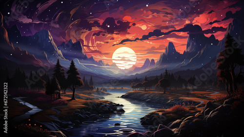 Surreal Neon-Inspired Landscape with Glowing Trees and Starry Sky. A Vibrant  Fantasy World of Modern Artistry. Ideal for Creative Projects and Imaginative Concepts   Ai generative 