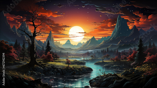 Surreal Neon-Inspired Landscape with Glowing Trees and Starry Sky. A Vibrant, Fantasy World of Modern Artistry. Ideal for Creative Projects and Imaginative Concepts , Ai generative 