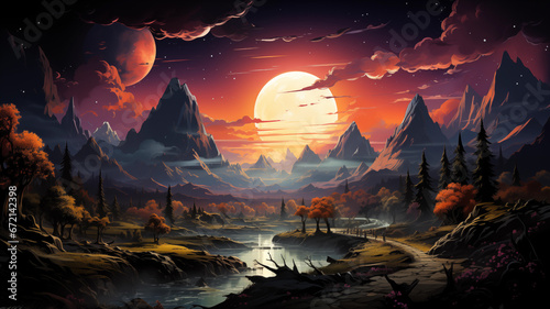 Surreal Neon-Inspired Landscape with Glowing Trees and Starry Sky. A Vibrant, Fantasy World of Modern Artistry. Ideal for Creative Projects and Imaginative Concepts , Ai generative 