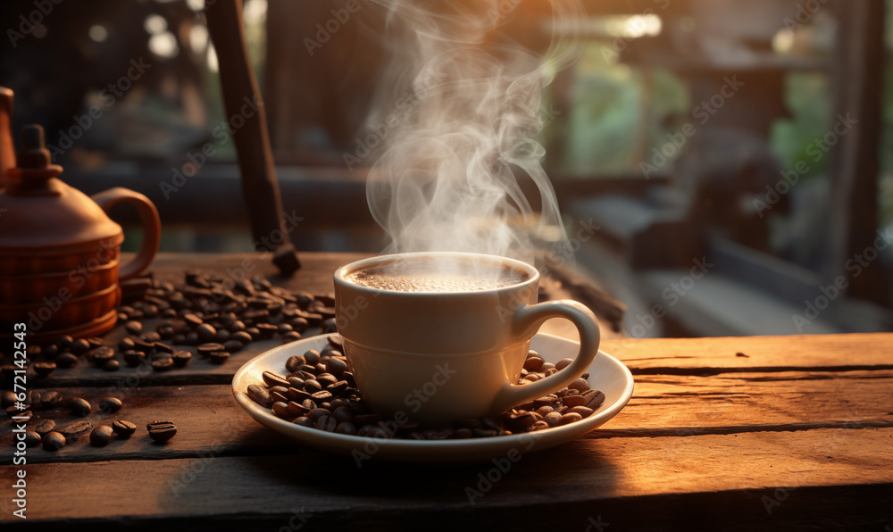 Fresh Coffee Steam on Wooden Table Close-up Fresh Coffee Steam on Wooden Table Close-up