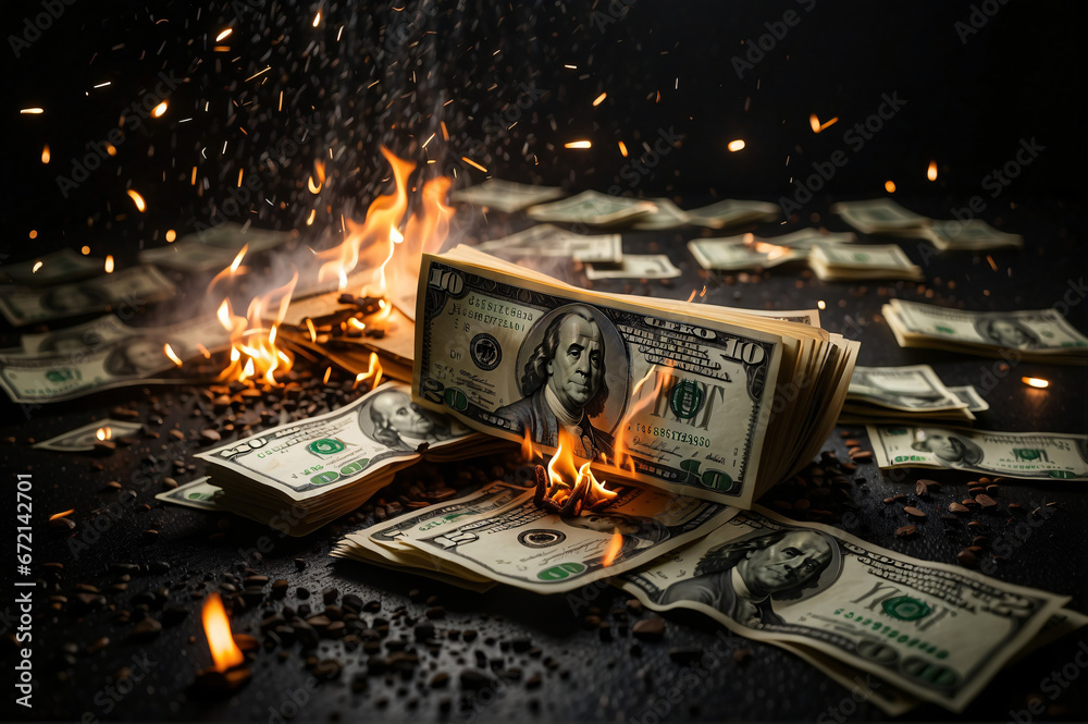 Concept of burning money bills to symbolize the demise of money and hyperinflation
 - obrazy, fototapety, plakaty 