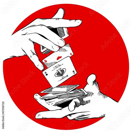 hands with playing cards on black background. simple monochrome illustration with red background for poker, casino and magician