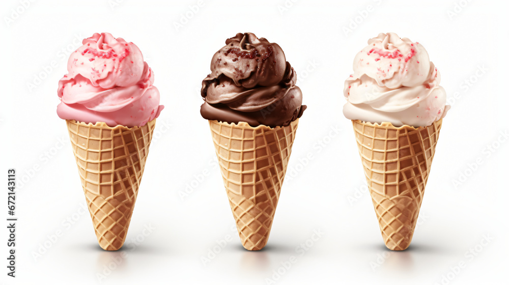 Triple scoop ice cream cone isolated on a white background