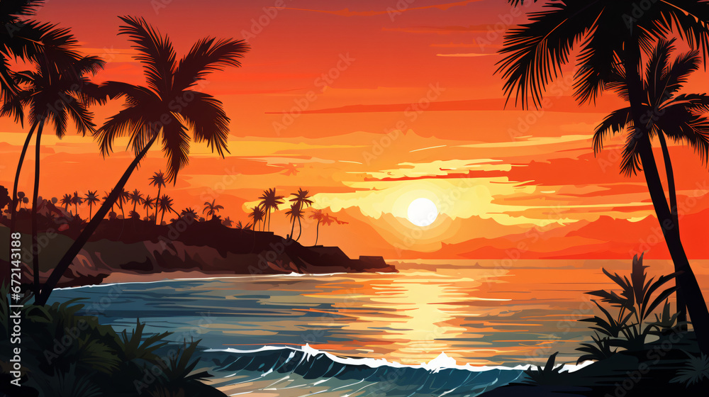 Tropical Beach Sunset with Palm Trees Natures Beauty