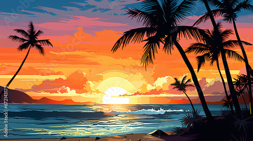 Tropical Beach Sunset with Palm Trees Natures Beauty