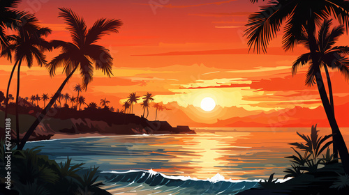 Tropical Beach Sunset with Palm Trees Natures Beauty