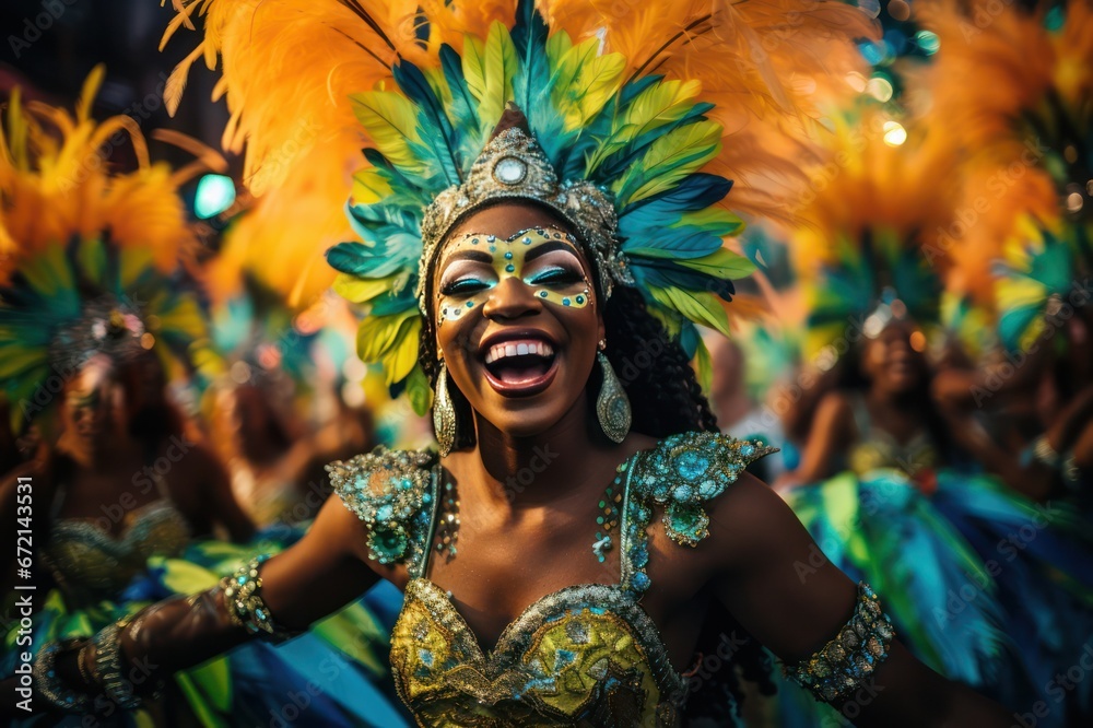 beautiful woman dressed in costume with colorful feathers and makeup at Brazil carnival closeup portrait. Non western culture celebration. 
