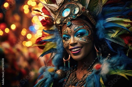 beautiful woman dressed in costume with colorful feathers and makeup at Brazil carnival closeup portrait. Non western culture celebration.  © Dina