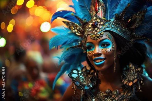beautiful woman dressed in costume with colorful feathers and makeup at Brazil carnival closeup portrait. Non western culture celebration.  © Dina